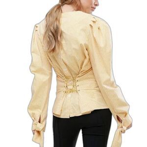 Style Mafia Women's Yellow White Striped Corset Style Puff LS Sleeve Tunic Sz M